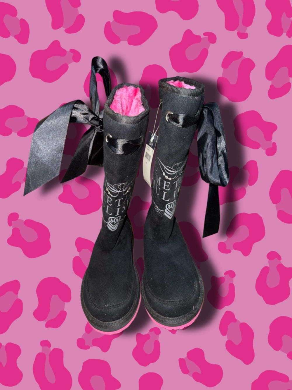 Metal Mulisha Fur Boots with Pink Lining and Ribbon Ties